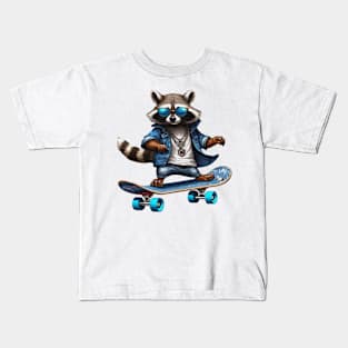 a racoon riding a skateboard wearing sunglasses Kids T-Shirt